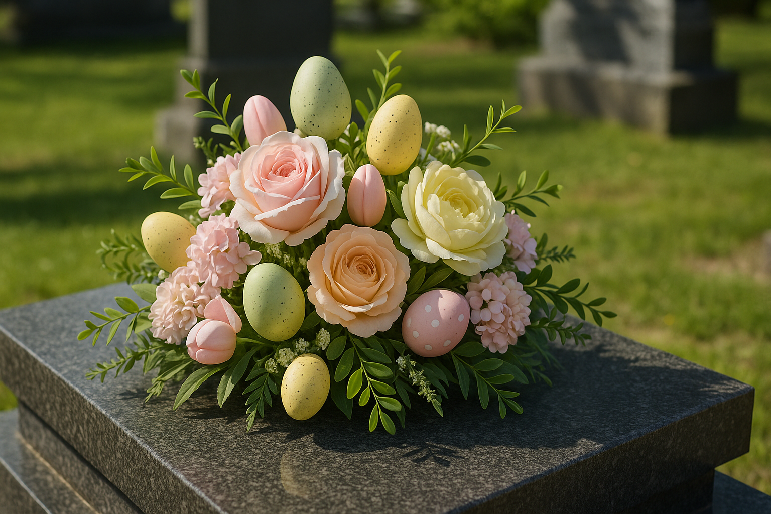 Trwały stroik wielkanocny z kwiatów sztucznych na nagrobku